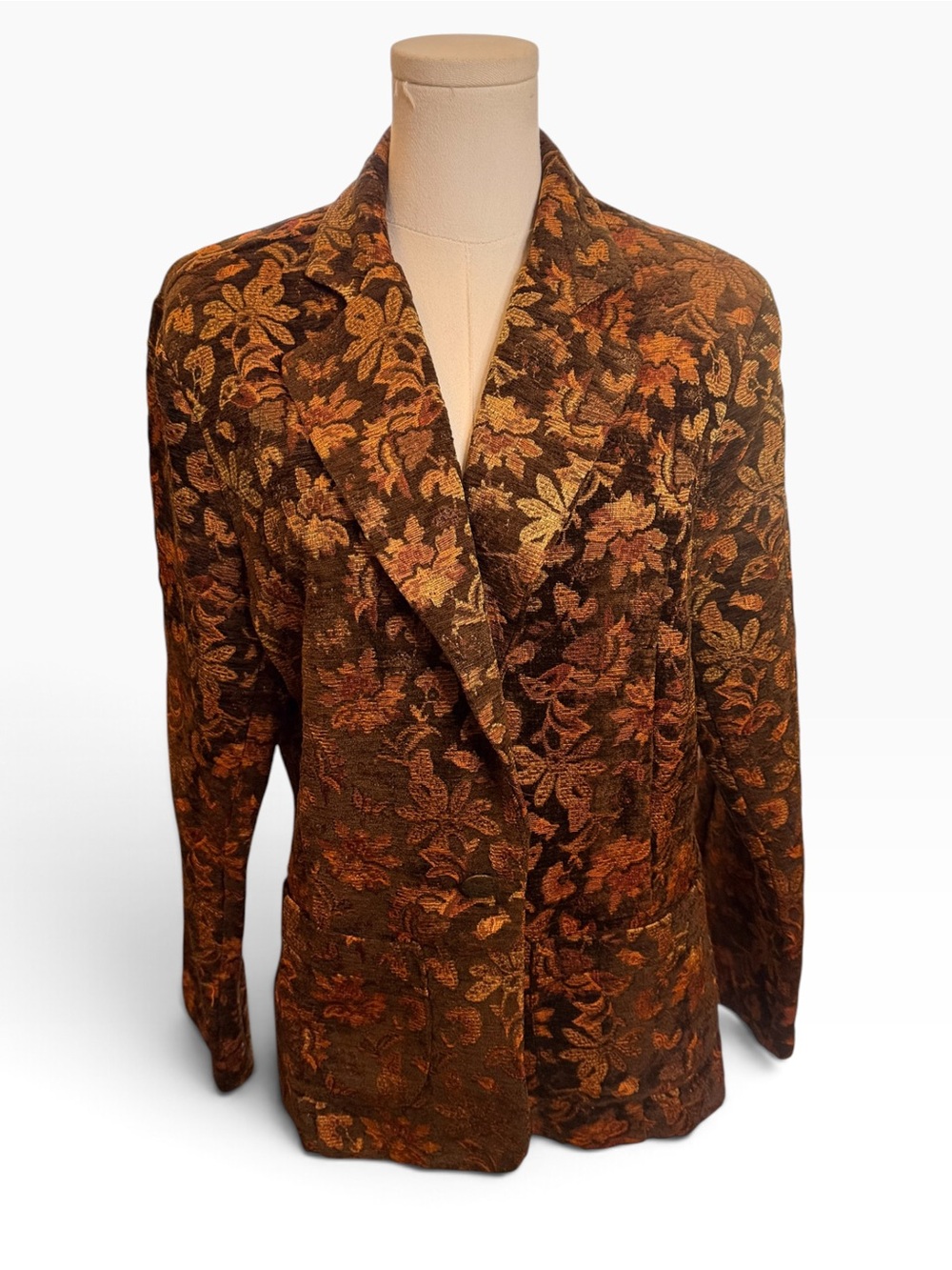 Tapestry Floral Brocade Blazer Jacket Brown Rust Dark Academia Made in USA L